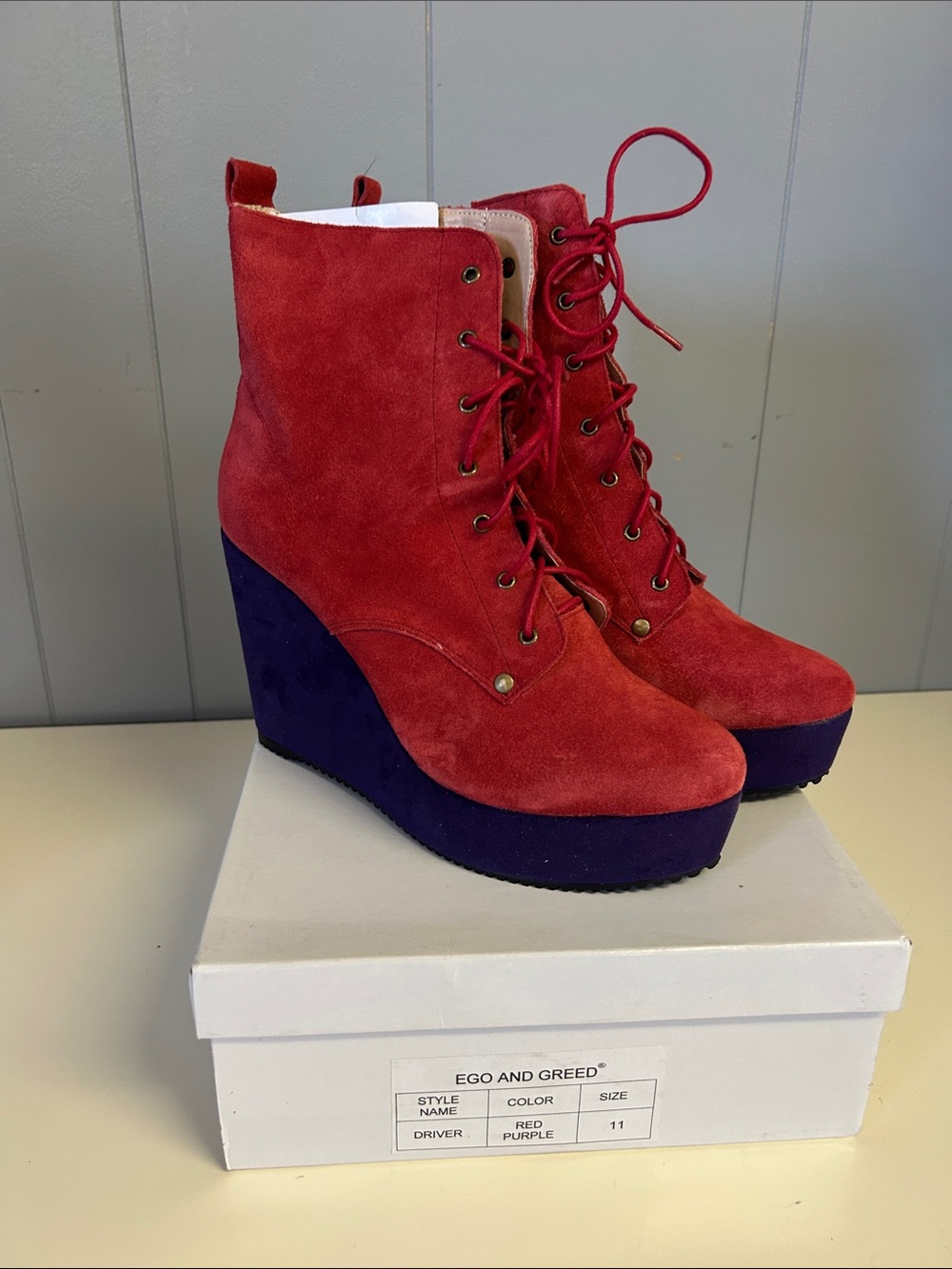 Red Suede Lace-Up Wedge Boots with Purple Platform
